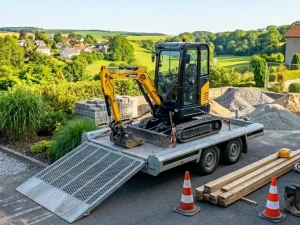 location remorque porte-engin utilisée pour transport de mini-pelle à Pierrepont