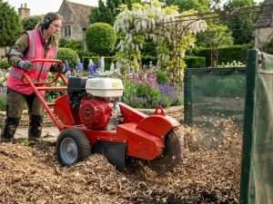 Rogneuse de souche utilisée pour travaux paysagers et dessouchage