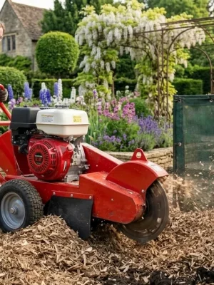 Dessoucheuse Honda GX390 puissante en location pour enlever facilement les souches d’arbres dans jardins, accès étroits et travaux paysagers à Pierrepont.